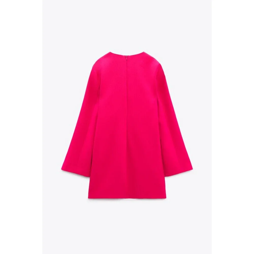 Hot Pink Zara Front Cutout Flare Sleeve Round Neck Mini Dress (NWT) - Picture 10 of 11